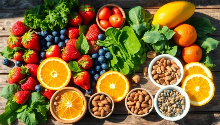 Healthy Food variety with fresh fruits, leafy greens, and nuts beautifully displayed.