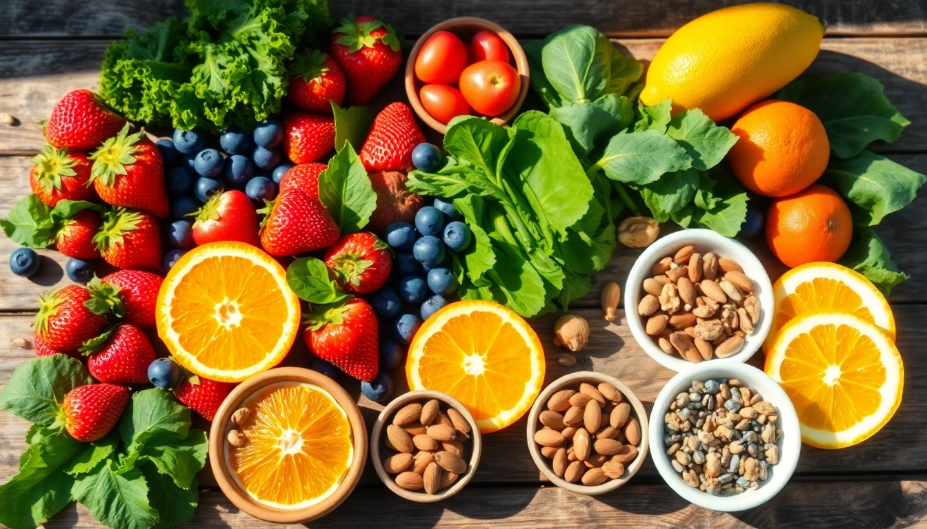 Healthy Food variety with fresh fruits, leafy greens, and nuts beautifully displayed.