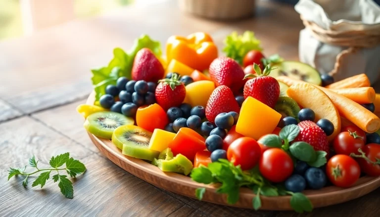 Deliciously arranged healthy food platter featuring fresh fruits and vibrant vegetables.