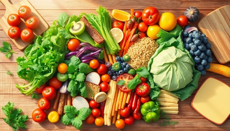 Colorful spread of healthy food including vegetables, fruits, grains, and proteins promoting healthy eating.