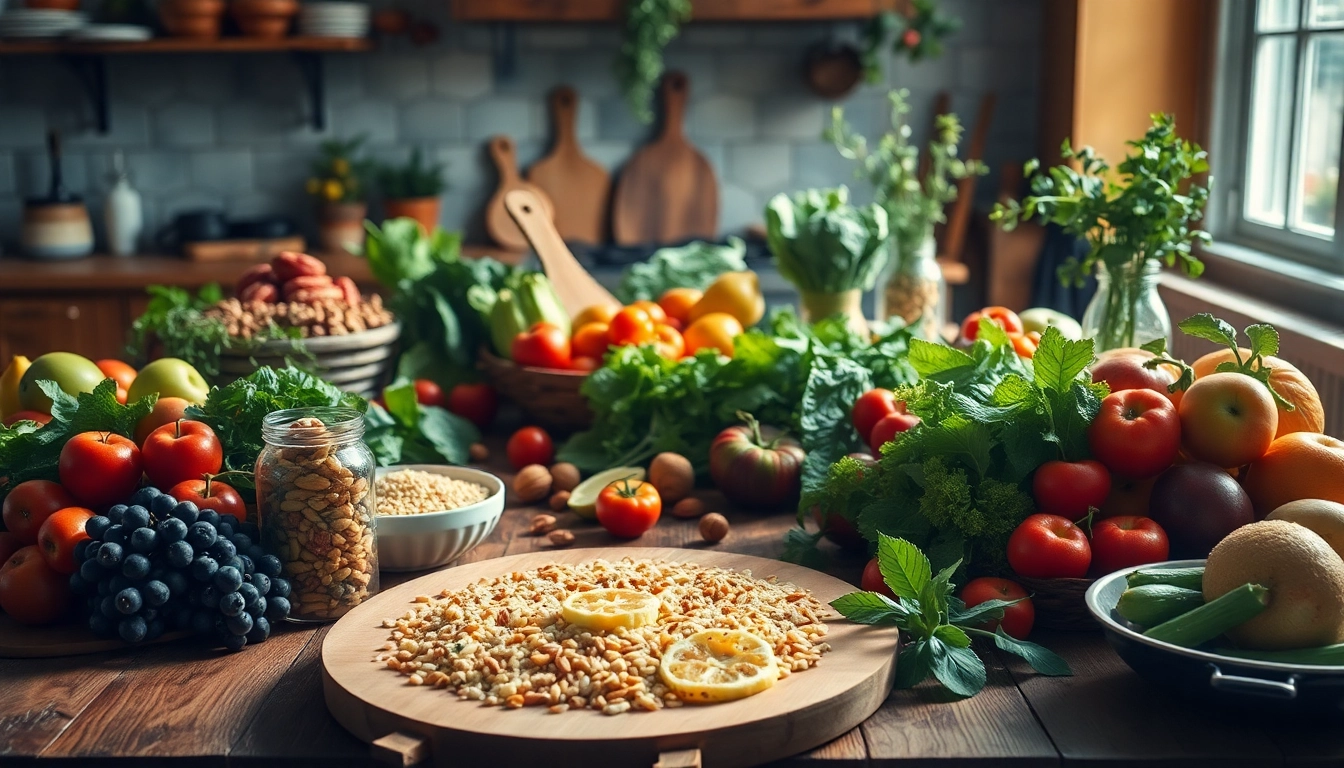 Showcase a bountiful selection of Healthy Food on a rustic kitchen table.