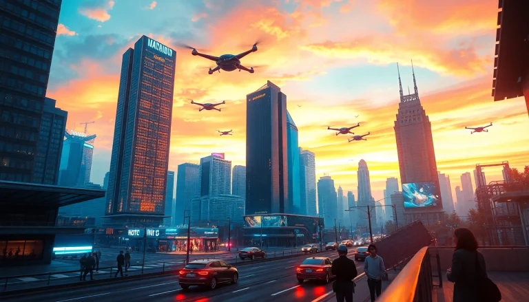 Explore New Technology in a futuristic cityscape with drones and electric vehicles.