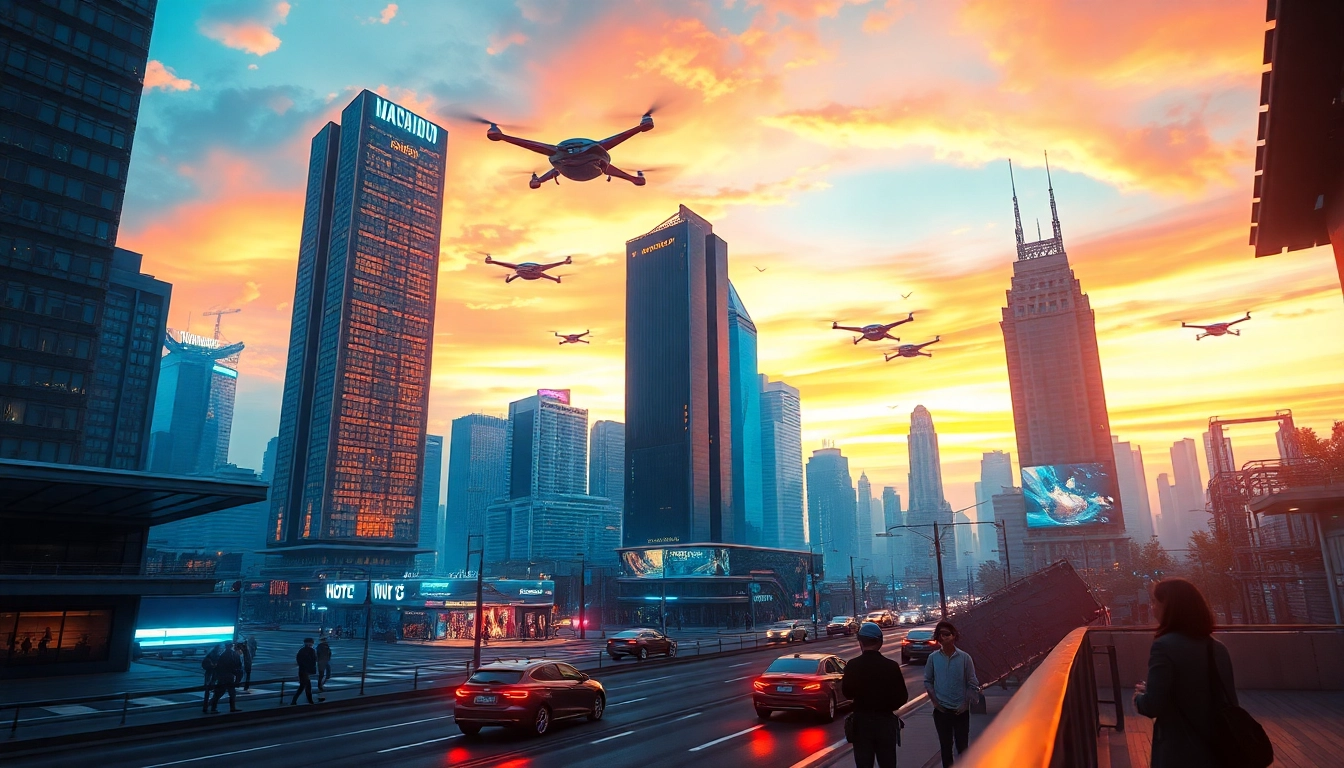 Explore New Technology in a futuristic cityscape with drones and electric vehicles.