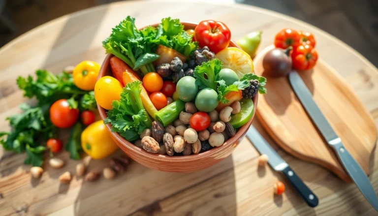Discover a vibrant array of Healthy Food featuring fresh vegetables, fruits, and nuts in a colorful bowl.