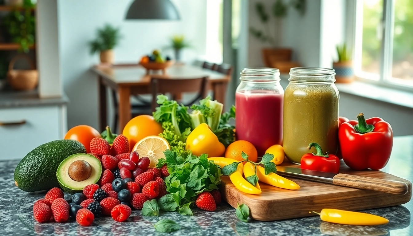 Showcasing a selection of vibrant healthy foods on a rustic kitchen counter.