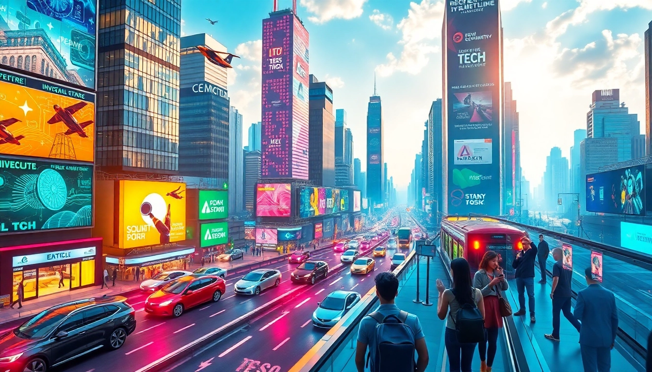 "Futuristic city showcasing New Technology with flying cars and digital screens."