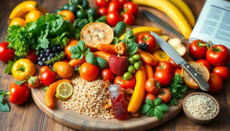 Explore an appealing healthy food platter with fruits, vegetables, and grains.