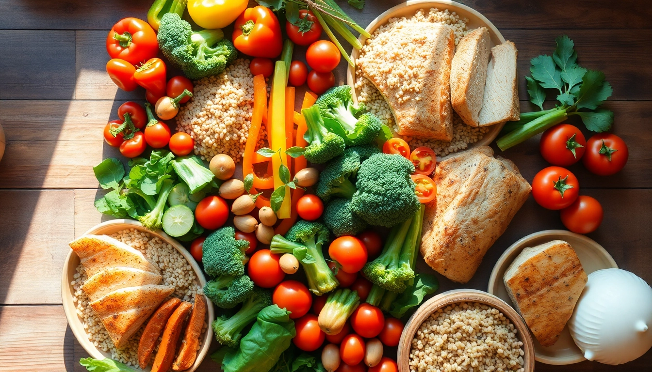 Explore a colorful array of healthy food ingredients displayed beautifully, including fresh vegetables, lean proteins, and whole grains.
