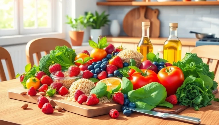 A beautifully arranged display of healthy food ingredients, showcasing vibrant fruits and vegetables.