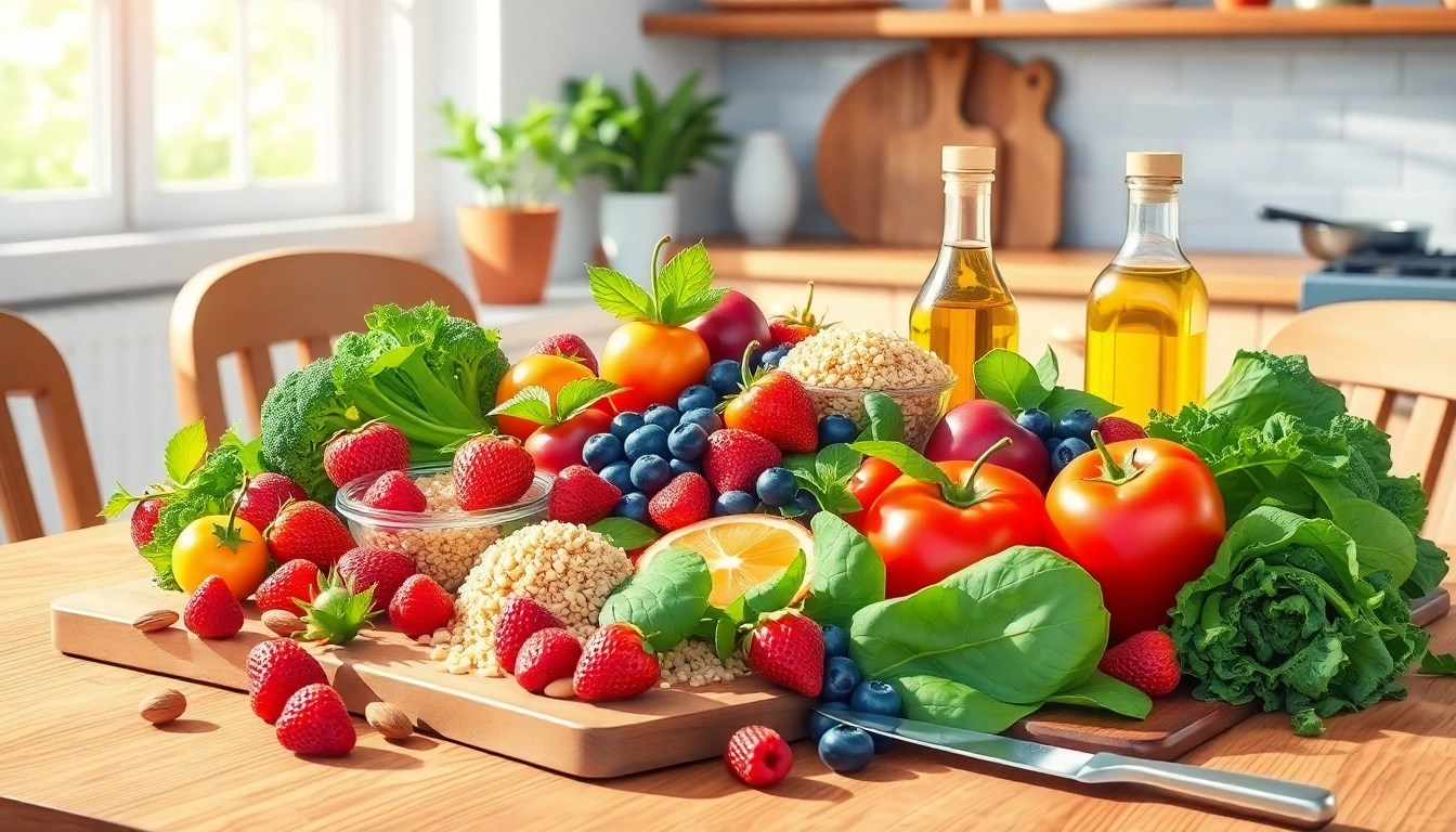 A beautifully arranged display of healthy food ingredients, showcasing vibrant fruits and vegetables.