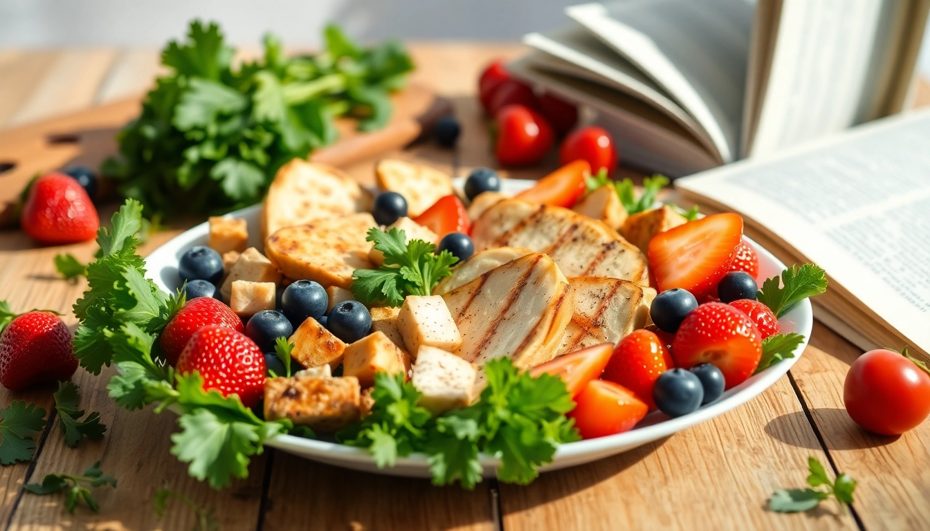 Delicious healthy food plate featuring fresh fruits, lean proteins, and leafy greens.