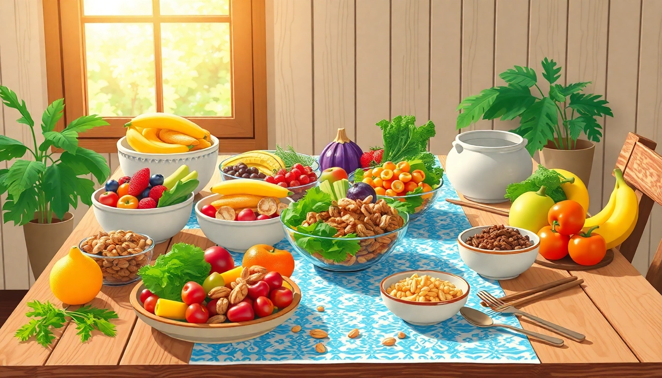 Enjoy a vibrant healthy food spread featuring colorful fruits and greens on a table.