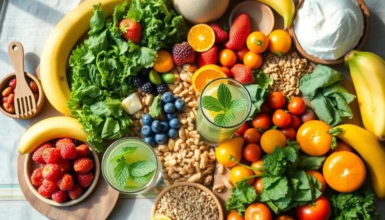 A vibrant arrangement of Healthy Food, featuring fresh fruits, vegetables, and whole grains on a rustic table.