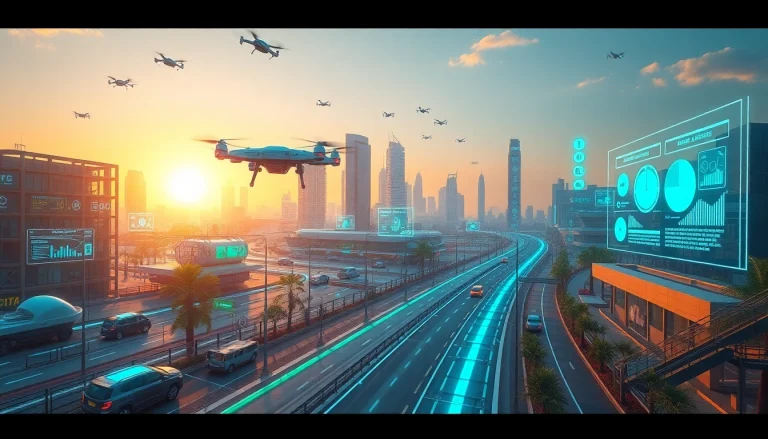 Experience innovative New Technology in a vibrant futuristic cityscape with robotic drones and smart devices.