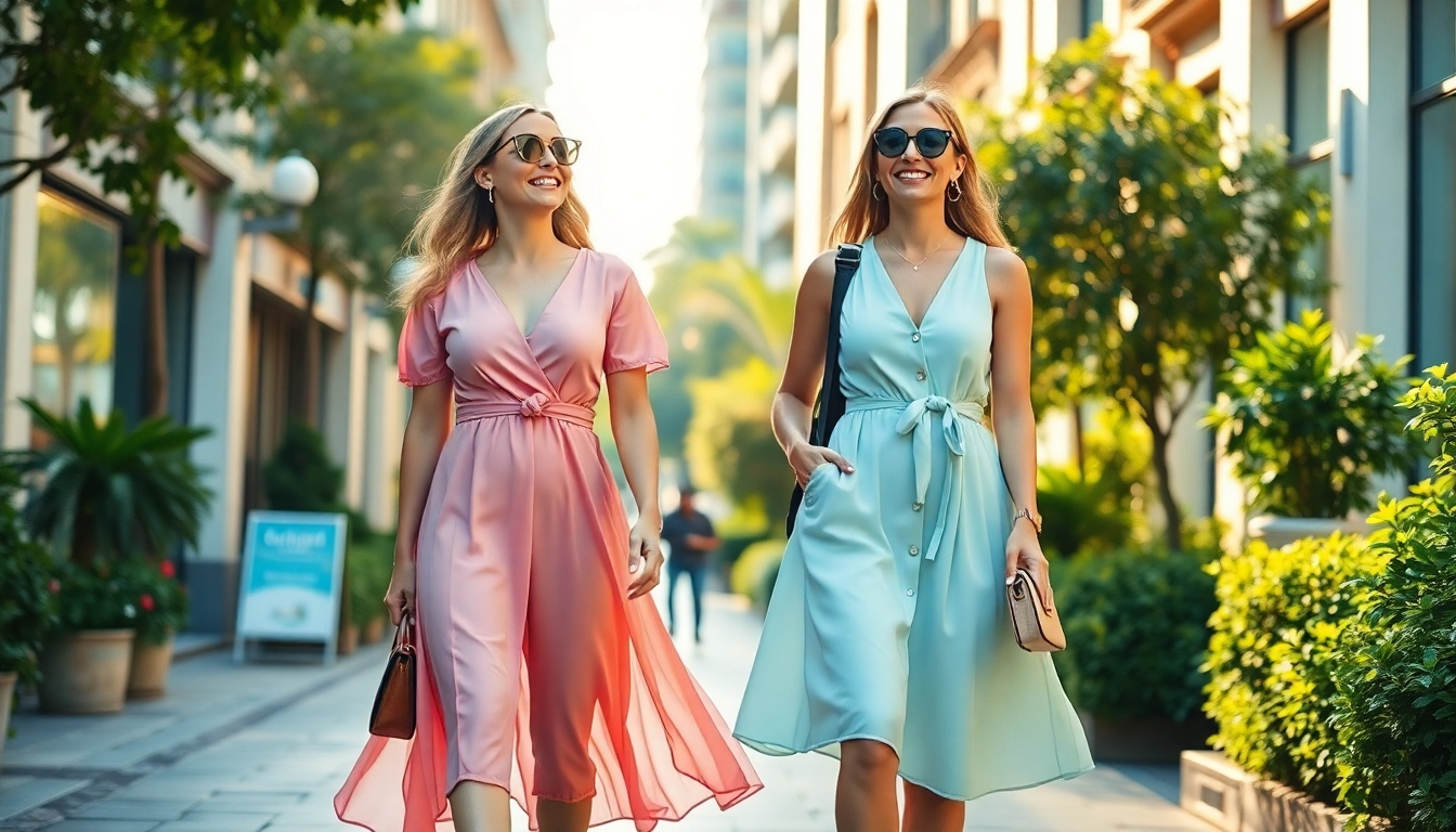 Stylish women showcasing vibrant Women Fashion in an urban setting.