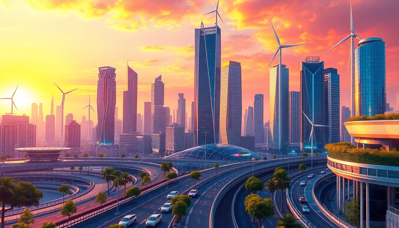 Explore New Technology in a futuristic cityscape with solar panels and smart vehicles.
