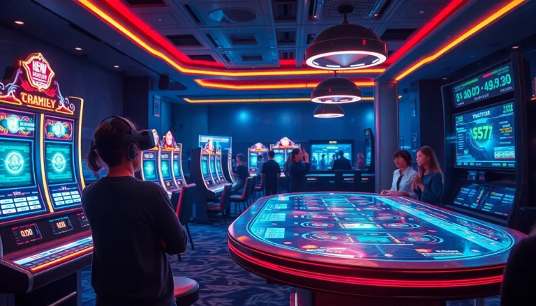 Experience the excitement of New Technology in a futuristic casino environment with holographic displays and interactive betting.