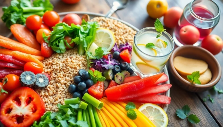 Colorful healthy food platter featuring vegetables, fruits, and grains.