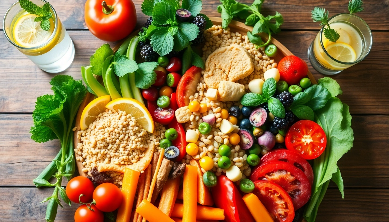 Delightful healthy food arrangement featuring vibrant vegetables and fruits, promoting nutrition and wellness.