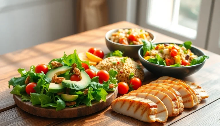 Delicious healthy food spread featuring fresh ingredients, salads, and grilled chicken.