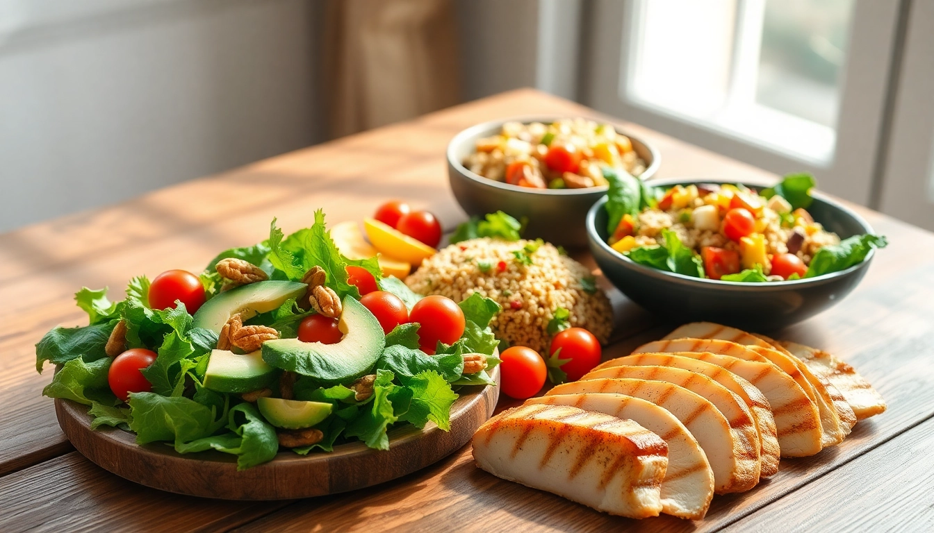 Delicious healthy food spread featuring fresh ingredients, salads, and grilled chicken.