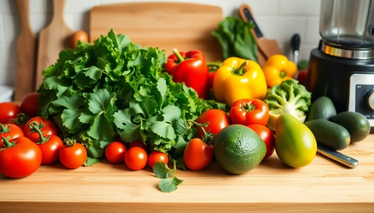 Prepare a colorful array of healthy food ingredients on a kitchen countertop.