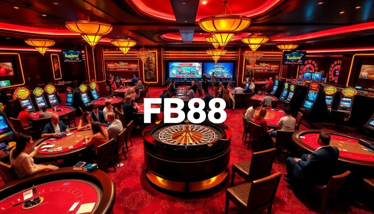 FB88 casino scene illuminated with players enjoying tables and slots.