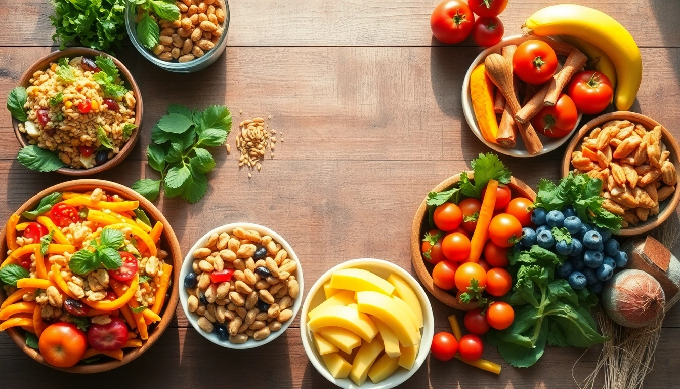 Displaying a colorful array of healthy food options, including fruits, vegetables, and grains, showcasing nourishment.