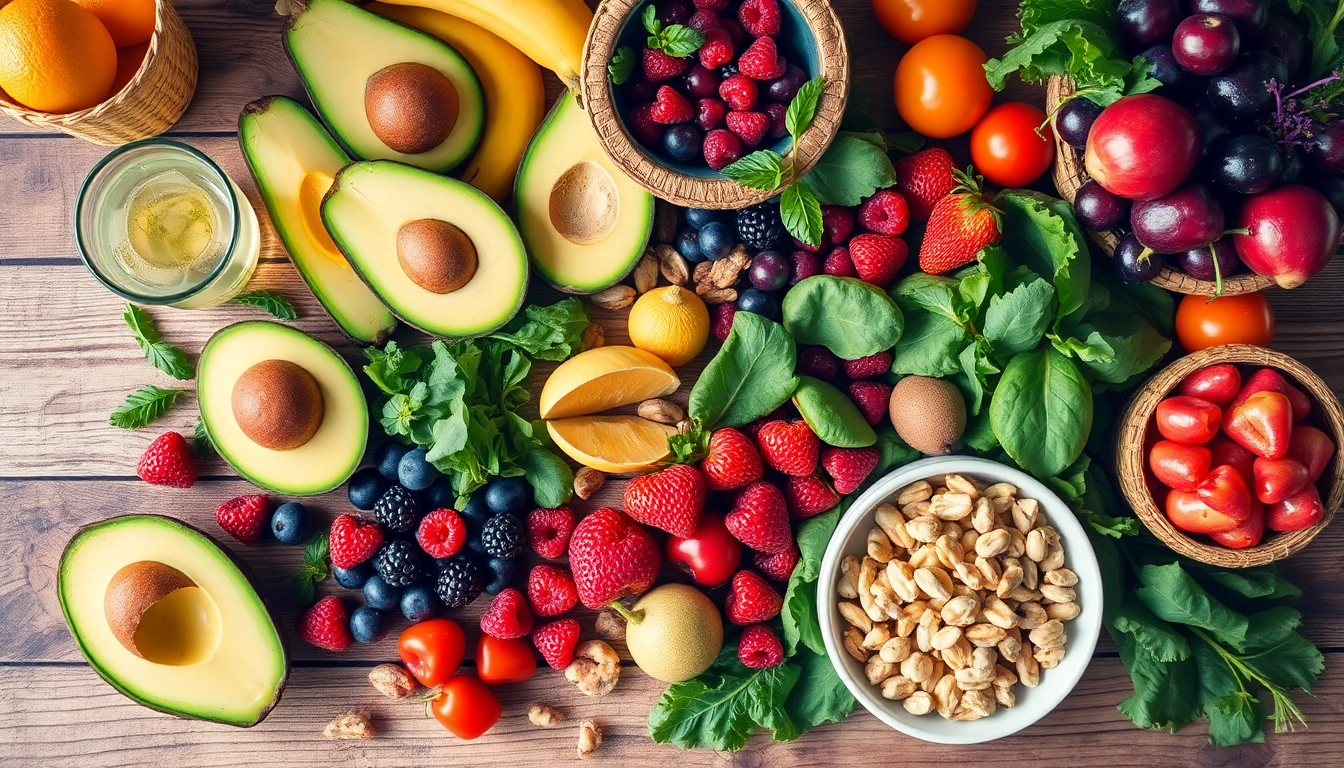 A colorful assortment of healthy food items, including fresh fruits and vegetables, arranged beautifully on a wooden table.
