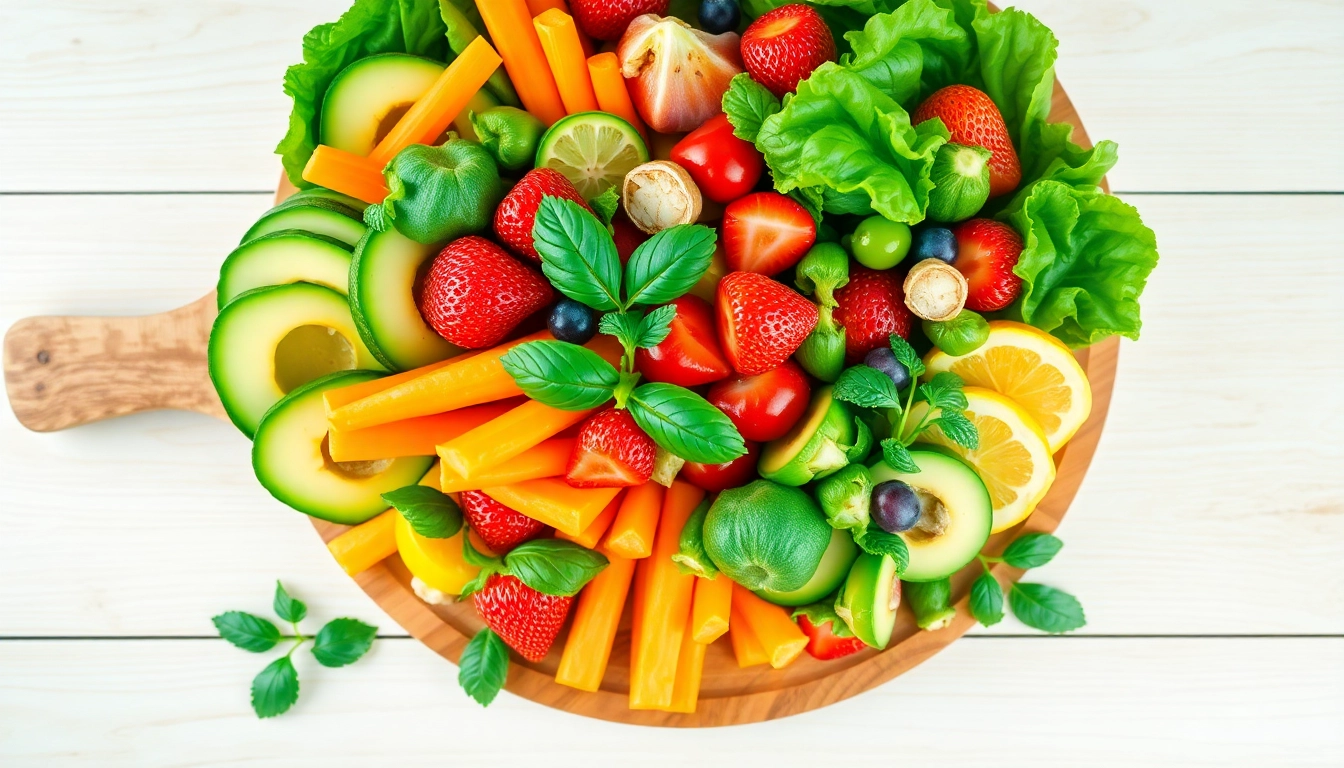 Explore a vibrant healthy food platter featuring fresh fruits and vegetables arranged artfully.