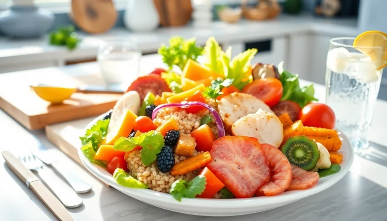 Vibrantly styled plate of healthy food featuring fresh fruits and vegetables, promoting wellness.