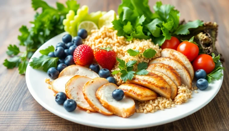 Delicious and colorful healthy food plate showcasing fresh fruits, vegetables, and lean proteins.