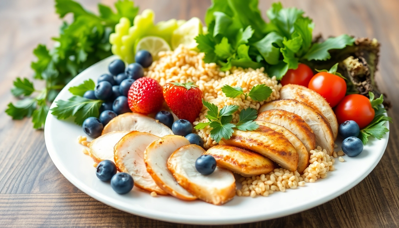Delicious and colorful healthy food plate showcasing fresh fruits, vegetables, and lean proteins.