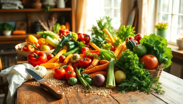 Explore a vibrant arrangement of Healthy Food including fresh vegetables and fruits on a rustic table.