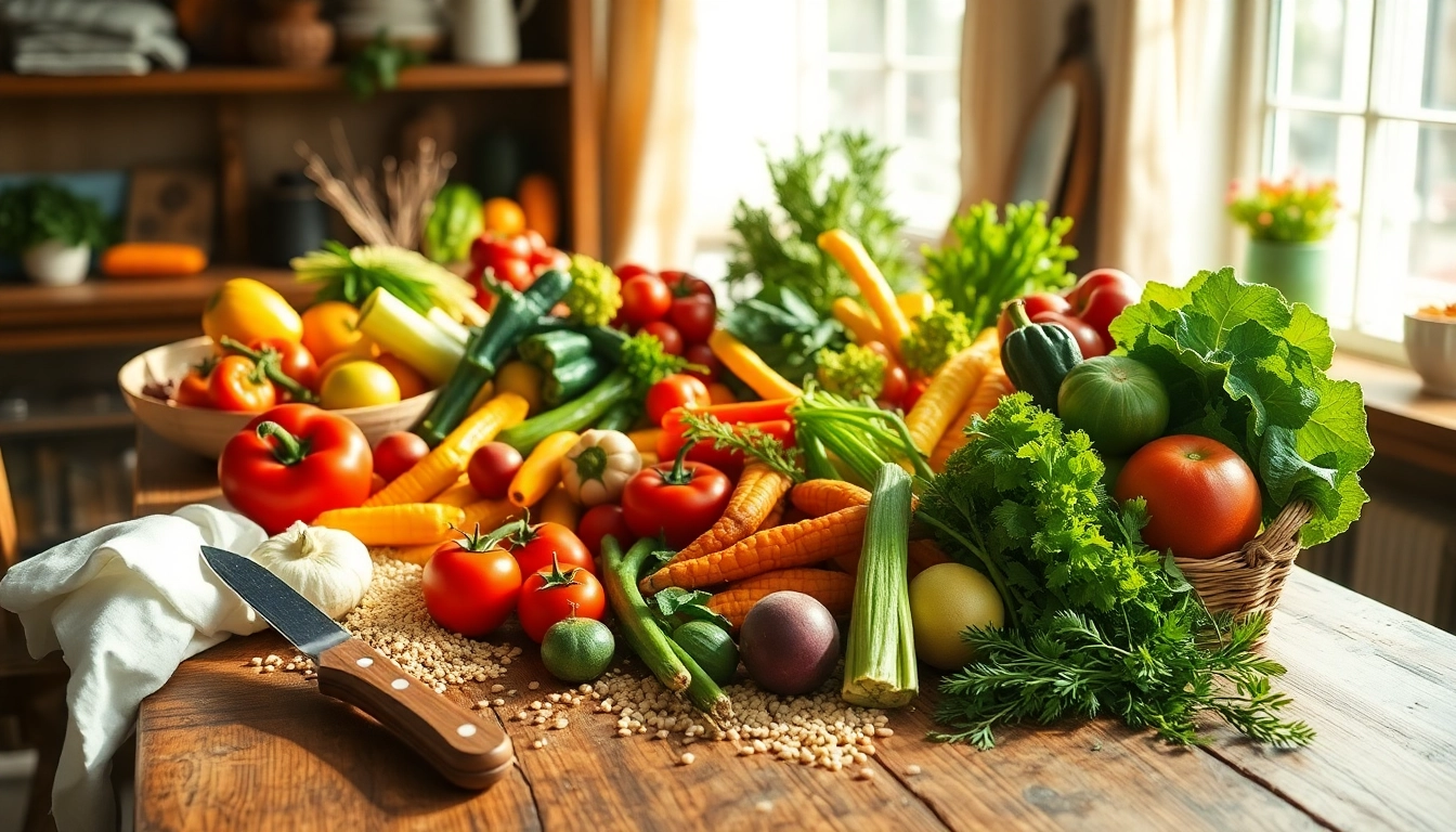 Explore a vibrant arrangement of Healthy Food including fresh vegetables and fruits on a rustic table.
