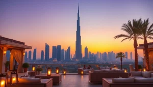 Experience the stunning skyline while traveling to Dubai, featuring Burj Khalifa at sunset.