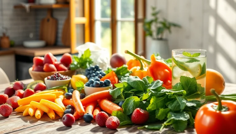 Delight in vibrant healthy food options, showcasing fresh fruits and vegetables on a wooden table.