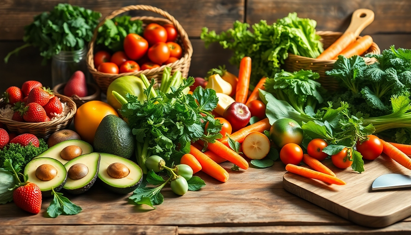 Discover a colorful assortment of Healthy Food featuring fresh fruits and vegetables on a wooden table.