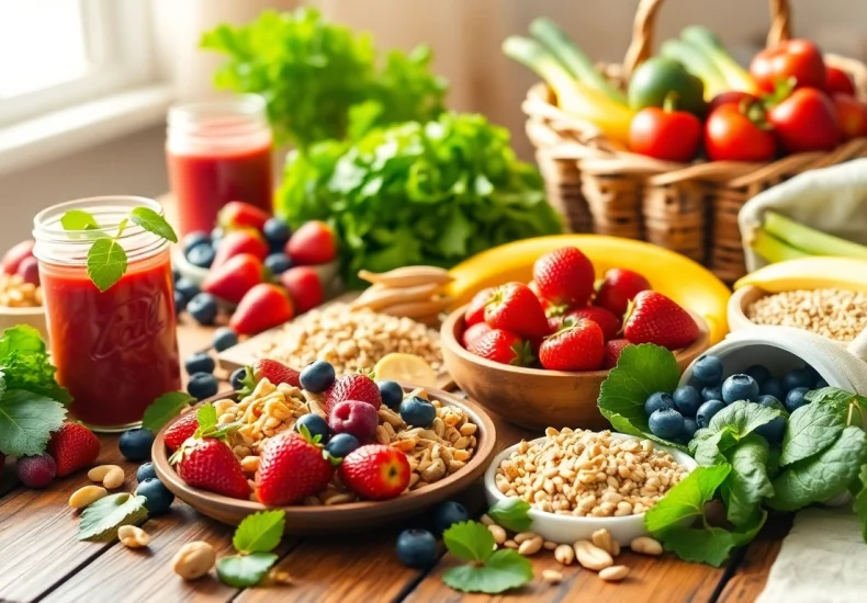 Delicious healthy food spread featuring fruits, vegetables, and grains