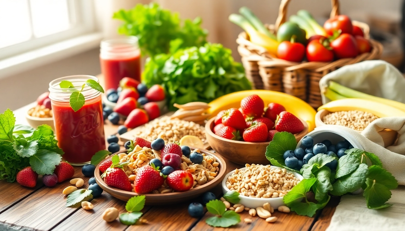 Delicious healthy food spread featuring fruits, vegetables, and grains