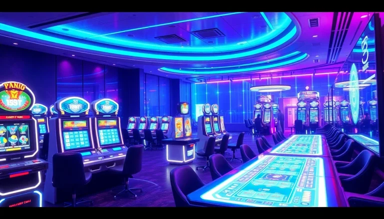 Experience the thrill of New Technology in a futuristic casino setting with holographic gaming devices.