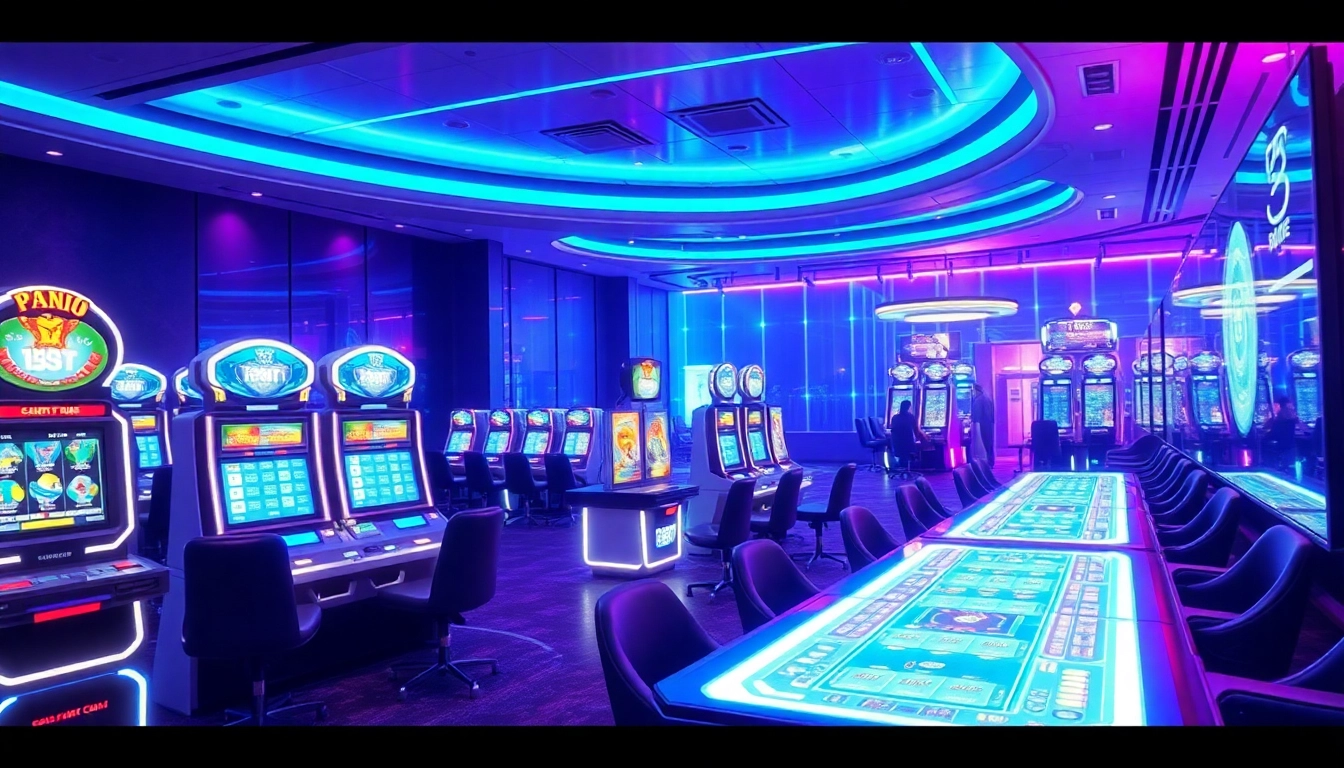 Experience the thrill of New Technology in a futuristic casino setting with holographic gaming devices.