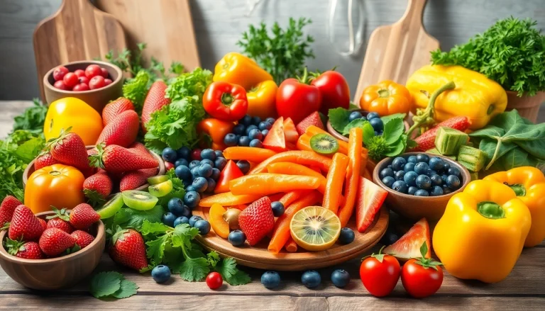 Enjoy a stunning display of healthy food featuring colorful fruits and fresh vegetables.