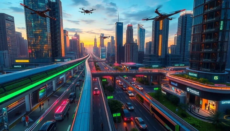 Futuristic city showcasing New Technology with electric vehicles, augmented reality, and a hyperloop system.