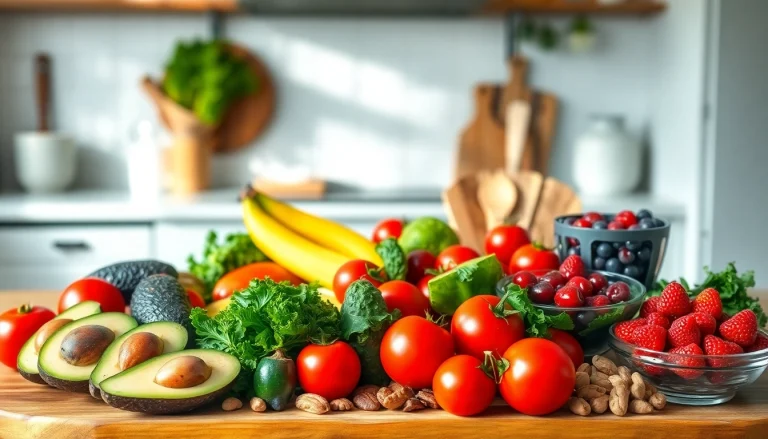 Delicious healthy food arrangement showcasing vibrant fruits and vegetables.