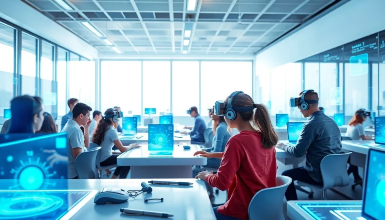 Students exploring New Technology in a high-tech classroom with holographic displays.