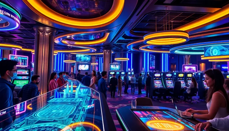 Futuristic casino showcasing New Technology with holographic displays and AI gaming tables.