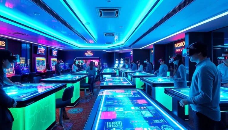 Experience new technology in a futuristic casino with holographic tables and VR headsets.