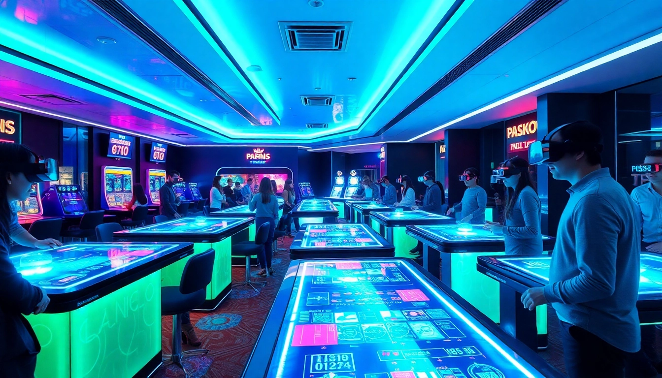 Experience new technology in a futuristic casino with holographic tables and VR headsets.
