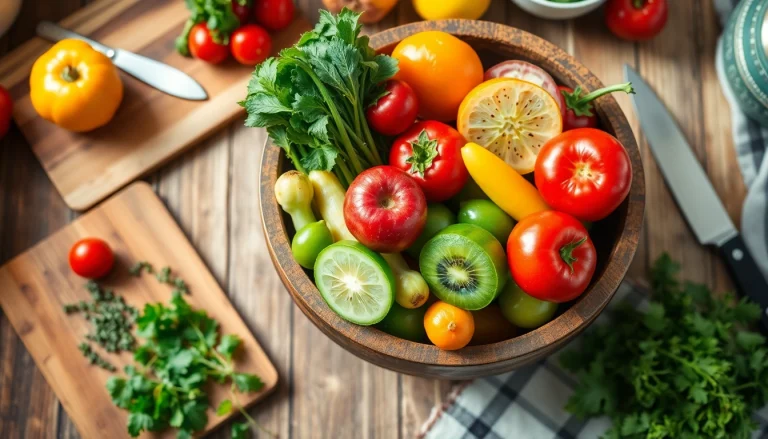 Celebrate healthy food varieties with a colorful bowl of fresh fruits and vegetables artfully displayed in a warm kitchen setting.